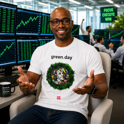 trader in a bright modern trading floor wearing a white green.day nano.narrative tee, smiling toward the camera with open hands while green stock charts and celebrating traders fill the background.