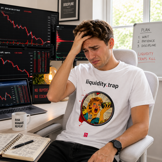 Young stock trader wearing a white liquidity.trap nano.narrative tee in a bright home trading office, sitting in a light gray chair with a stressed expression while red market charts collapse across multiple monitors and no buyers appear in the market.
