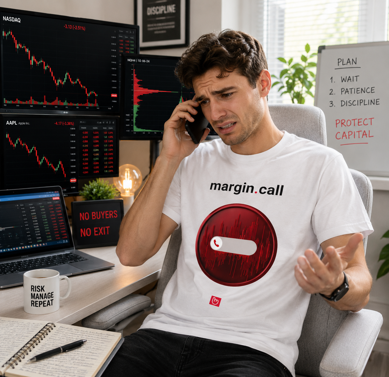 Stressed young stock trader wearing a white margin.call nano.narrative tee in a modern bright trading setup, speaking on the phone during a market selloff while red charts and “No Buyers No Exit” warnings glow behind him.