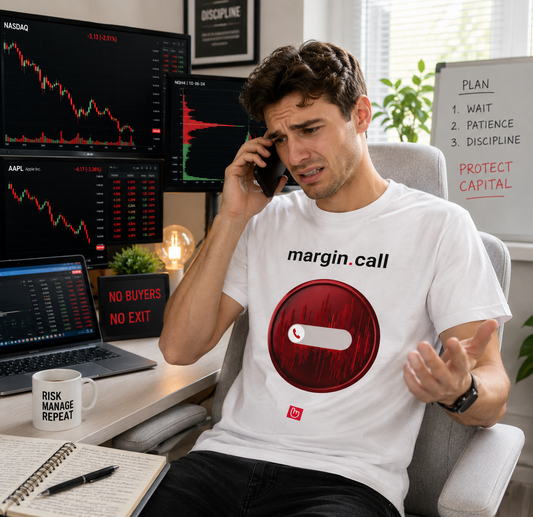 Stressed young stock trader wearing a white margin.call nano.narrative tee in a modern bright trading setup, speaking on the phone during a market selloff while red charts and “No Buyers No Exit” warnings glow behind him.