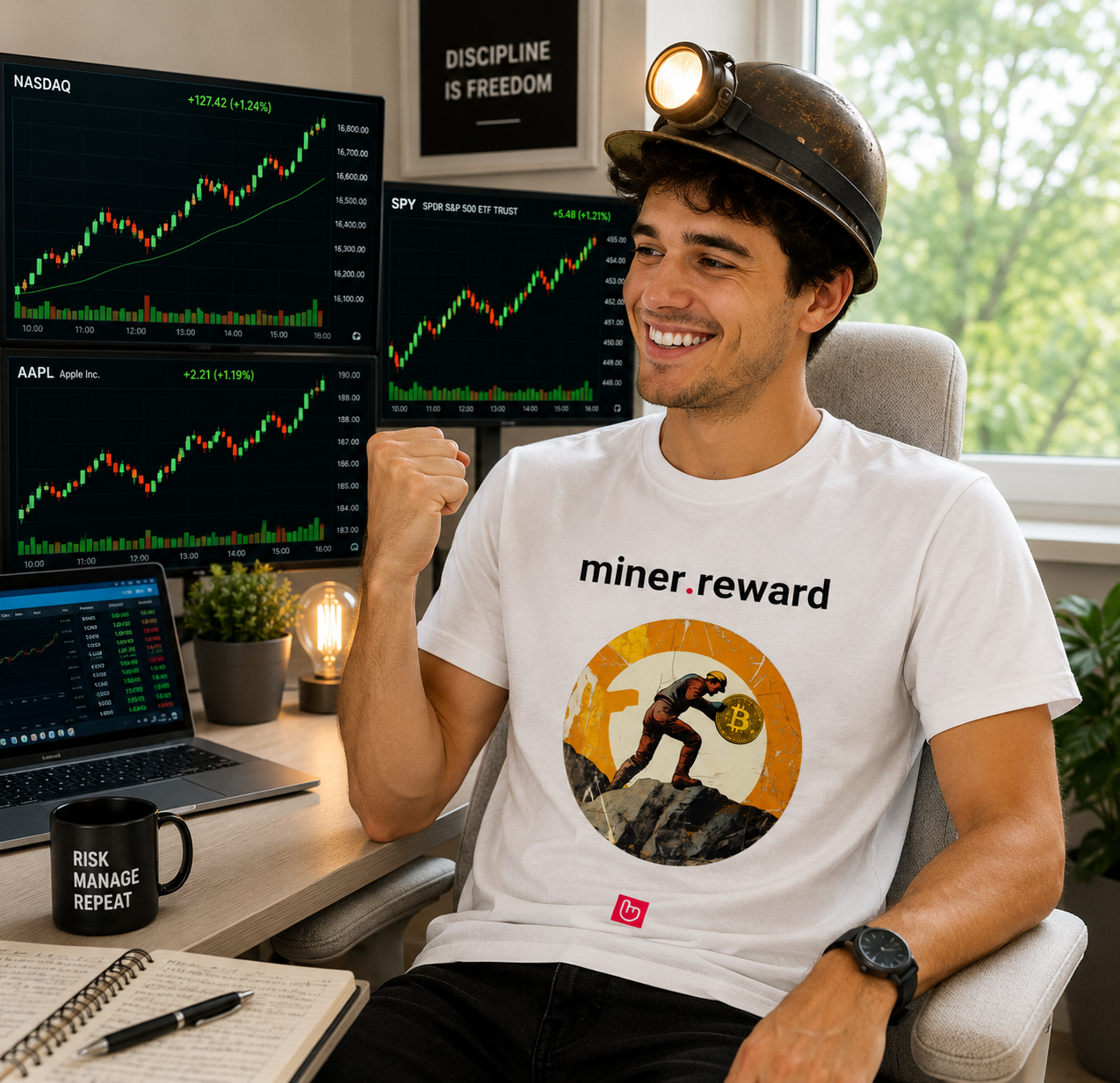 Smiling young trader in a white miner.reward nano.narrative tee and miner helmet sitting in a bright modern trading setup, celebrating in front of green upward-trending market charts from a light gray chair.