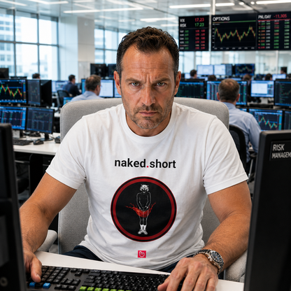 Focused 42-year-old options trader wearing a white naked.short nano.narrative tee in a modern institutional trading room, seated in a light gray chair with stock charts and trading monitors glowing behind him.