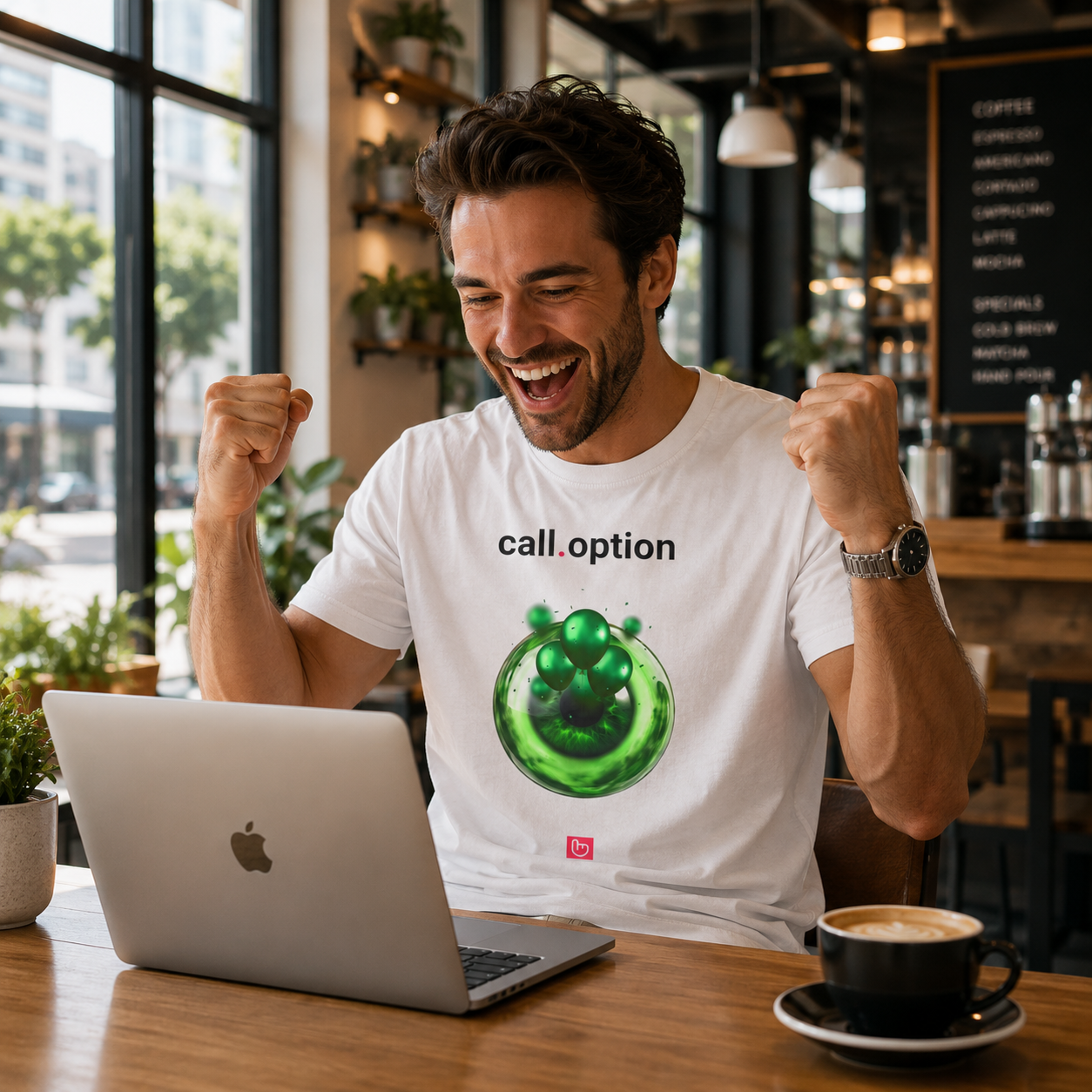 Young American options trader in his early 30s sitting in a bright sunlit café, raising both fists in celebration while looking at his Apple laptop. He wears a white nano.narrative “call.option” tee with a vivid green surreal eye-and-balloons graphic, accurately positioned and scaled on the chest with realistic fabric texture and folds. The modern café background feels airy, optimistic, and high-energy.