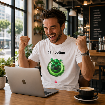 Young American options trader in his early 30s sitting in a bright sunlit café, raising both fists in celebration while looking at his Apple laptop. He wears a white nano.narrative “call.option” tee with a vivid green surreal eye-and-balloons graphic, accurately positioned and scaled on the chest with realistic fabric texture and folds. The modern café background feels airy, optimistic, and high-energy.