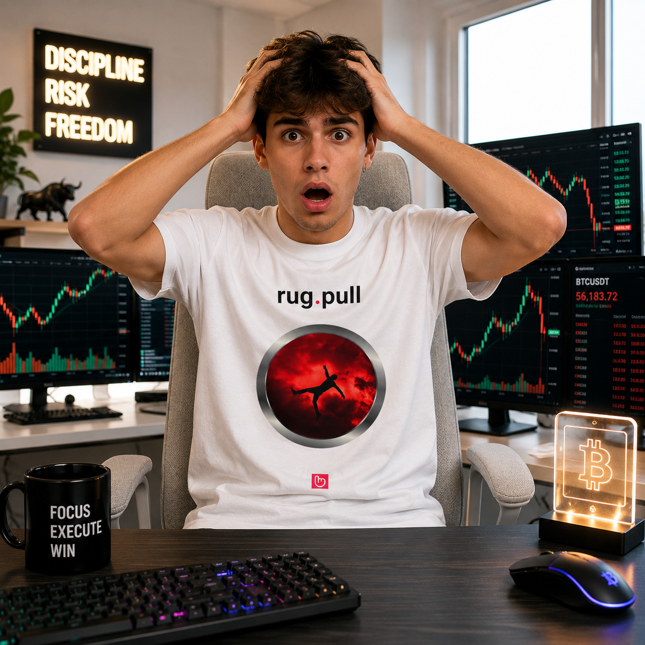 Young crypto trader in a bright modern home trading setup reacting in disbelief while wearing a white rug.pull nano.narrative tee, seated on a light gray chair with dramatic red charts on surrounding monitors.