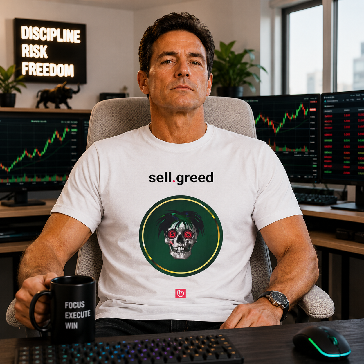 xperienced 47-year-old trader in excellent shape seated in a bright modern home trading room with a light gray chair and softly blurred monitors in the background. Wearing a white “sell.greed” nano.narrative tee with an enlarged centered skull graphic and dollar-sign eyes inside a green circular frame. The shirt stands out naturally against the bright environment with clean lighting and realistic proportions.
