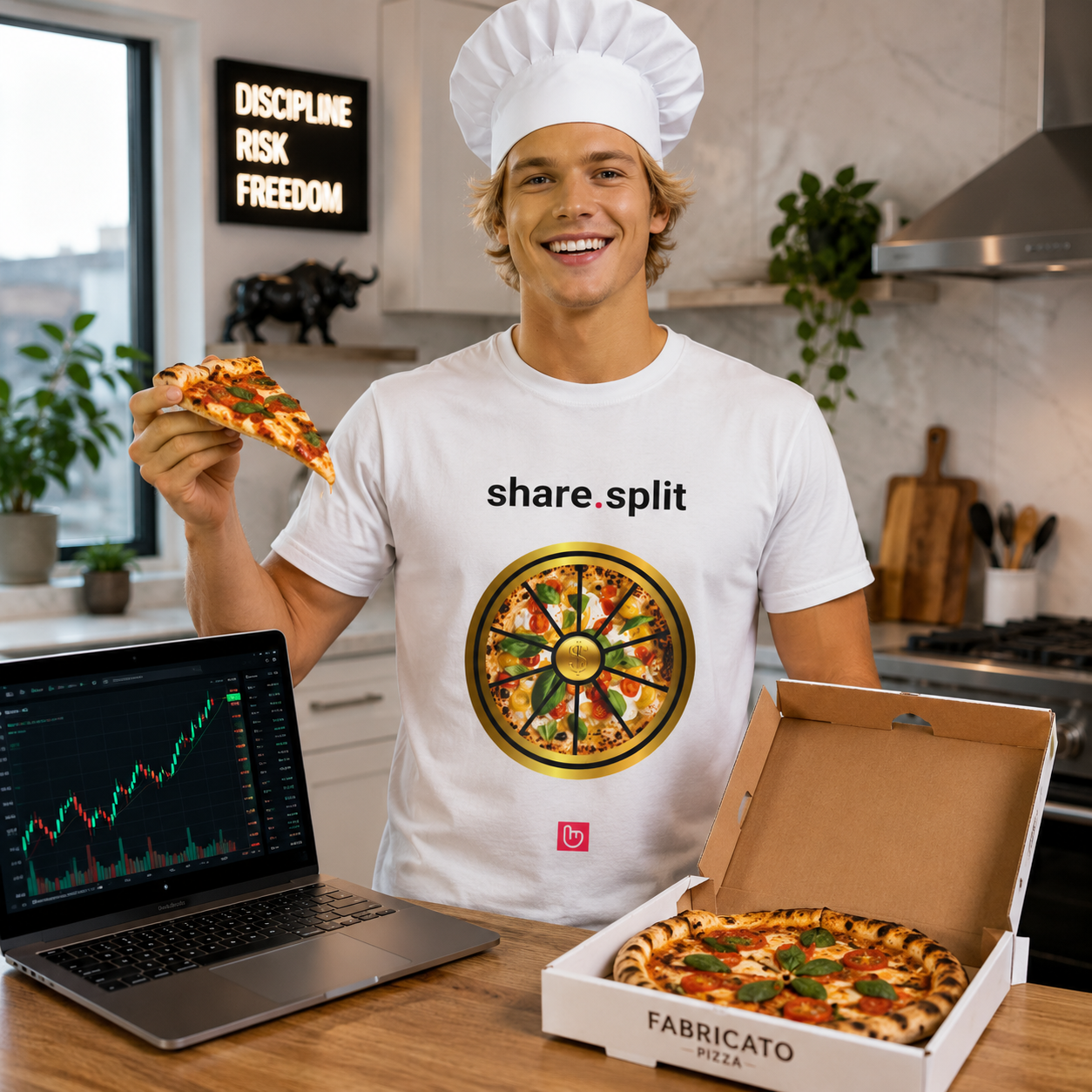 Young blond trader in a white chef hat standing in a bright modern kitchen, smiling energetically toward the camera while holding a pizza slice beside an open pizza delivery box and an Apple laptop showing a bullish market chart. He wears a white “share.split” nano.narrative tee with a centered pizza-wheel graphic displayed in precise scale and placement against the clean, well-lit background.