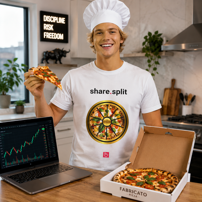 Young blond trader in a white chef hat standing in a bright modern kitchen, smiling energetically toward the camera while holding a pizza slice beside an open pizza delivery box and an Apple laptop showing a bullish market chart. He wears a white “share.split” nano.narrative tee with a centered pizza-wheel graphic displayed in precise scale and placement against the clean, well-lit background.