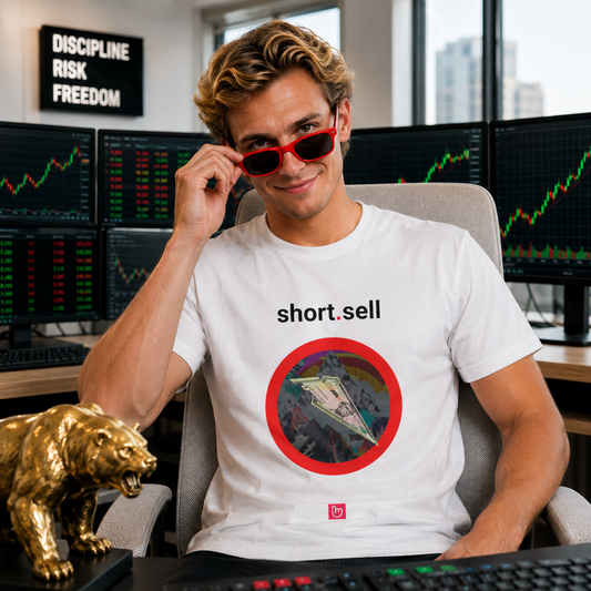 Blond short seller trader wearing a white short.sell nano.narrative tee in a modern illuminated trading setup, lifting red-framed sunglasses toward the camera with a confident expression beside a gold bear sculpture and trading screens.