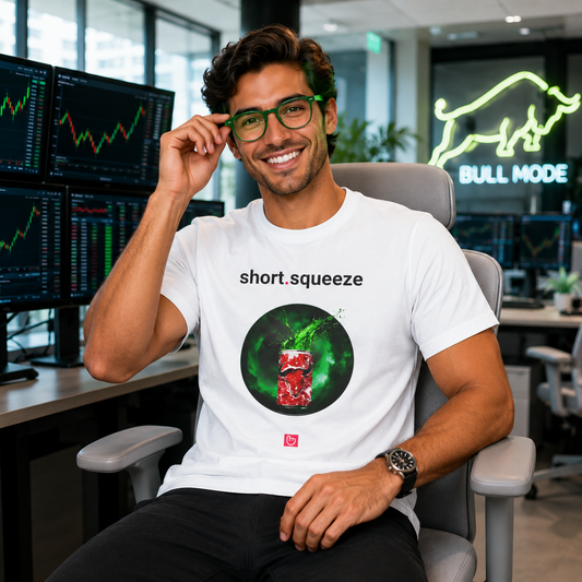Confident trader in a white short.squeeze nano.narrative tee adjusting green-framed glasses in a modern bullish trading room with bright monitors and a light gray ergonomic chair.