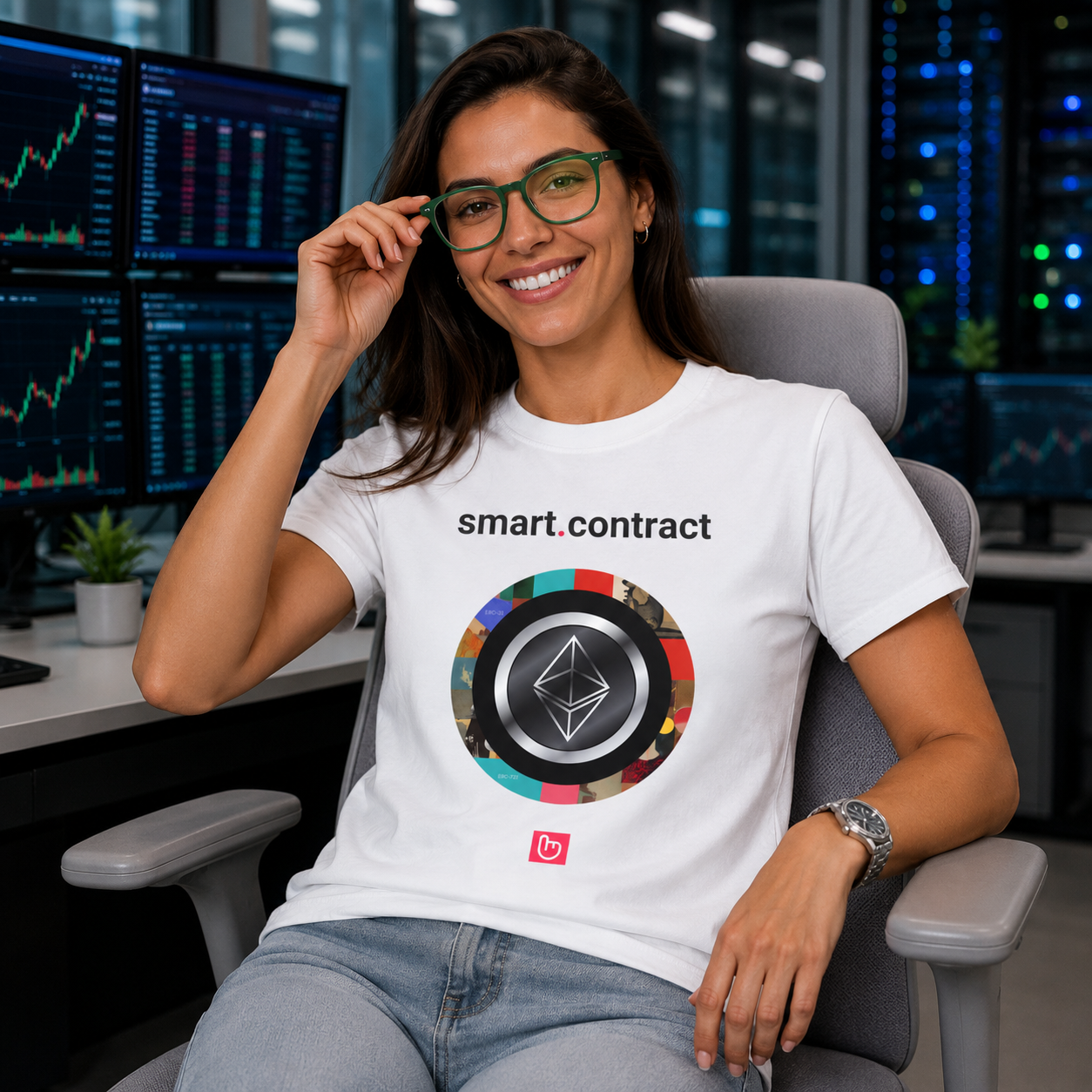 Confident female crypto trader in a white smart.contract nano.narrative tee adjusting fashionable green-framed glasses in a modern trading office with server-rack lighting and a light gray ergonomic chair.