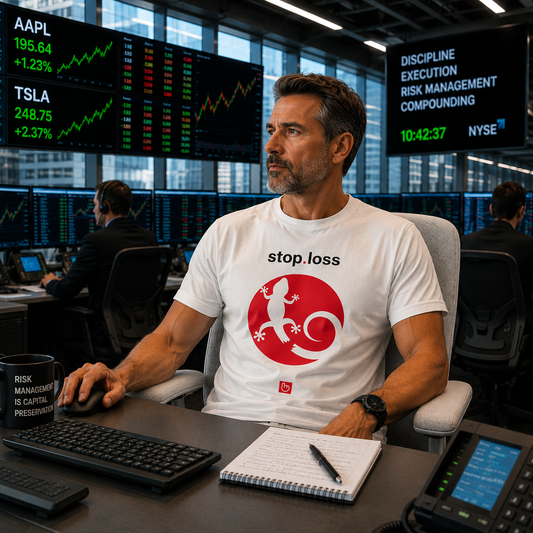 Experienced stock trader in a bright professional trading office wearing a white stop.loss nano.narrative tee with a bold red gecko graphic symbolizing controlled exits and survival in the markets. Multiple trading screens, a light gray chair, and a focused atmosphere reinforce the disciplined trading mindset.