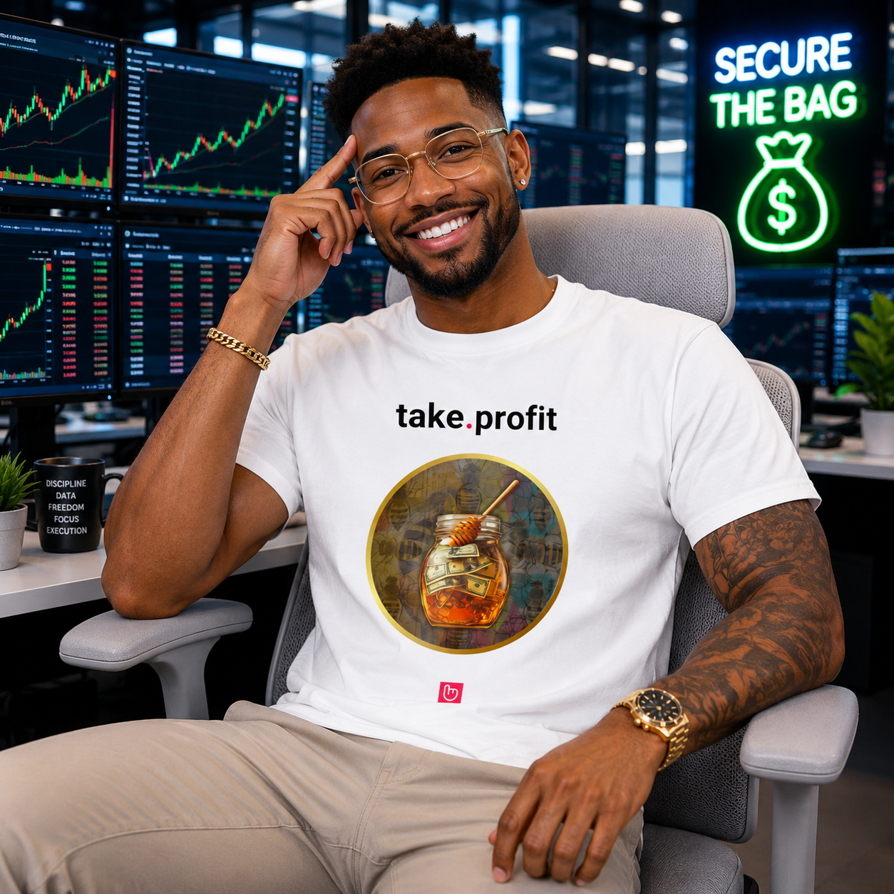 Confident trader in a white take.profit nano.narrative tee smiling toward the camera in a modern trading office with bullish market screens, secure-the-bag energy, and a light gray chair.