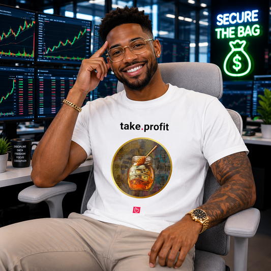 Confident trader in a white take.profit nano.narrative tee smiling toward the camera in a modern trading office with bullish market screens, secure-the-bag energy, and a light gray chair.