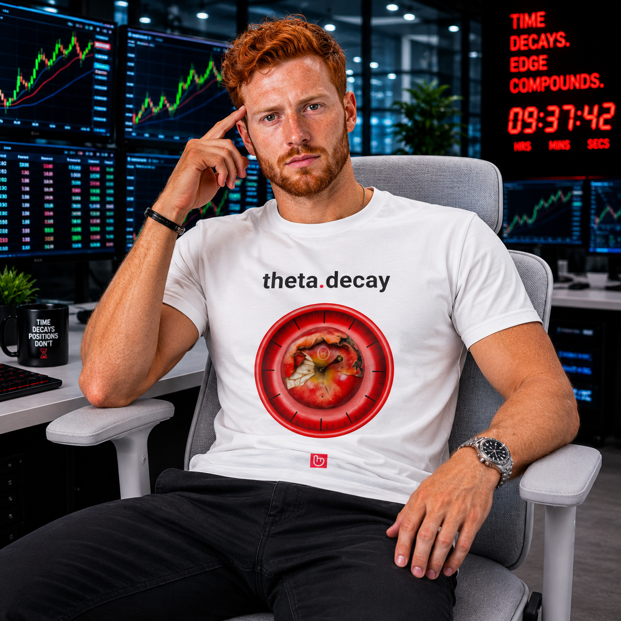 Intense ginger-haired options trader in a white theta.decay nano.narrative tee sitting in a modern trading room with dark pants, glowing time-decay signage, trading screens, and a light gray office chair.