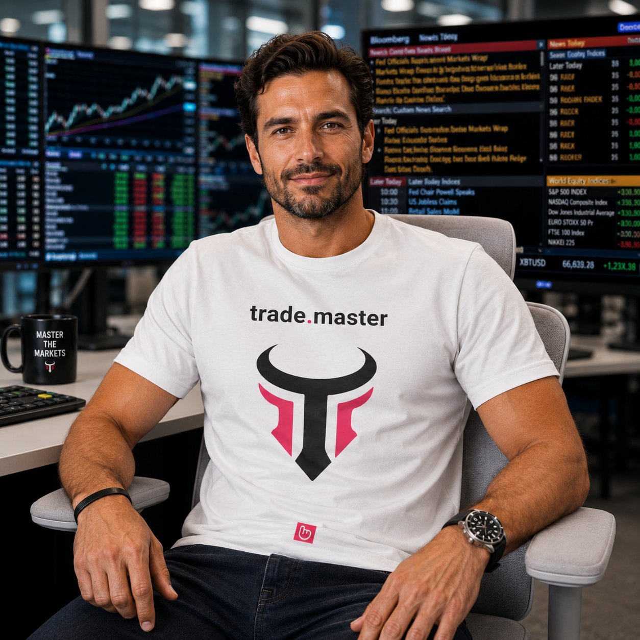 Experienced trader in a white trade.master nano.narrative tee smiling directly at the camera in a modern trading room with softly blurred Bloomberg-style monitors, financial dashboards, and a light gray office chair.