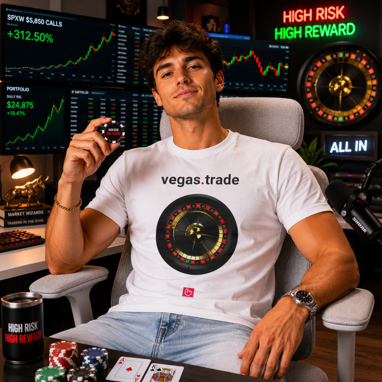 Confident young trader in a white vegas.trade nano.narrative tee seated in a high-risk trading room with light jeans, casino-inspired neon lighting, poker chips, roulette visuals, and a light gray ergonomic chair.