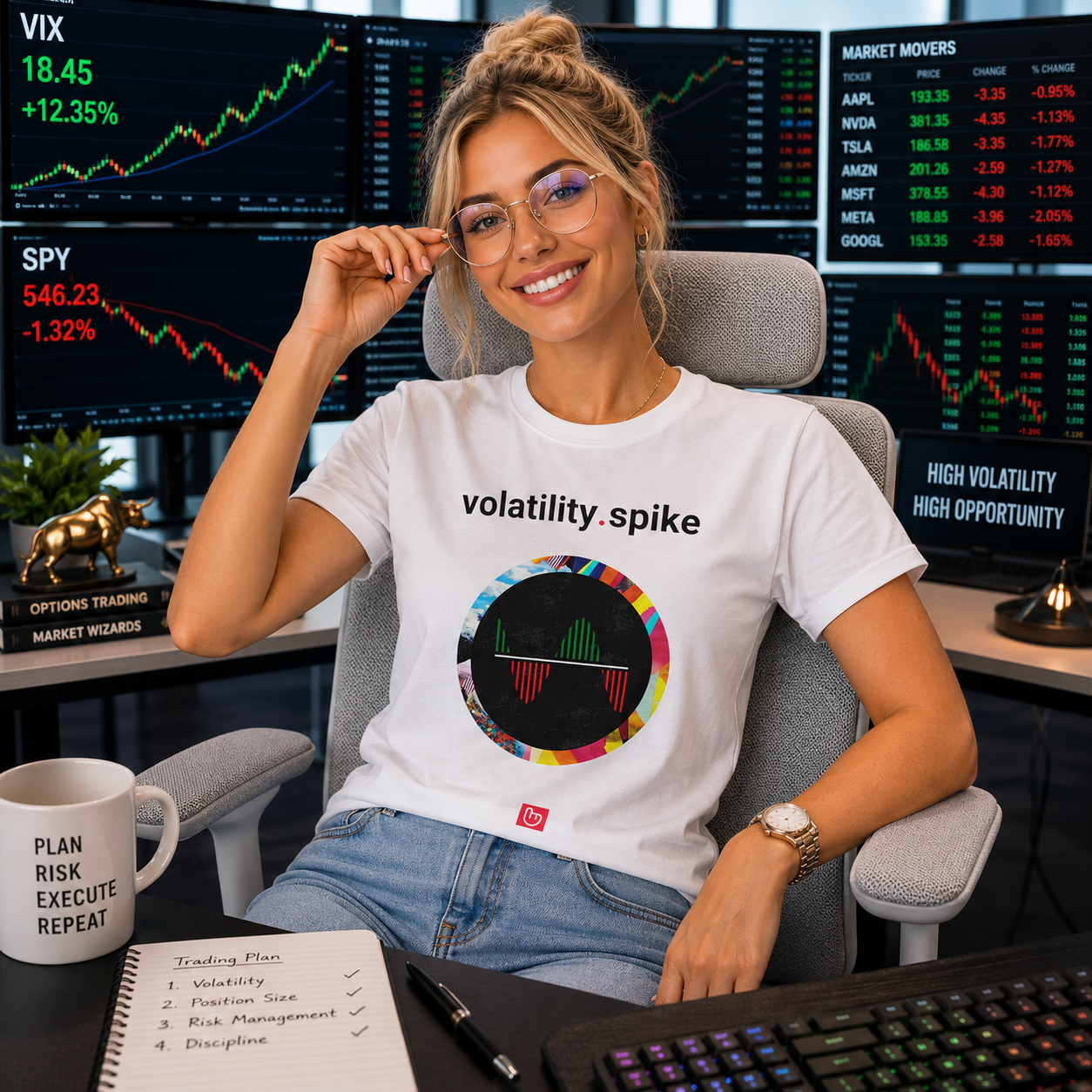 Confident blonde trader in a white volatility.spike nano.narrative tee seated in a modern high-volatility trading room with rising VIX displays, falling SPY charts, colorful market monitors, and a light gray office chair.
