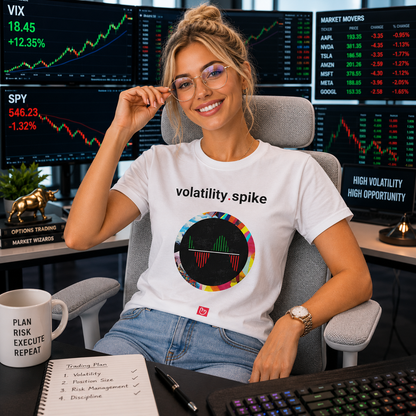 Confident blonde trader in a white volatility.spike nano.narrative tee seated in a modern high-volatility trading room with rising VIX displays, falling SPY charts, colorful market monitors, and a light gray office chair.