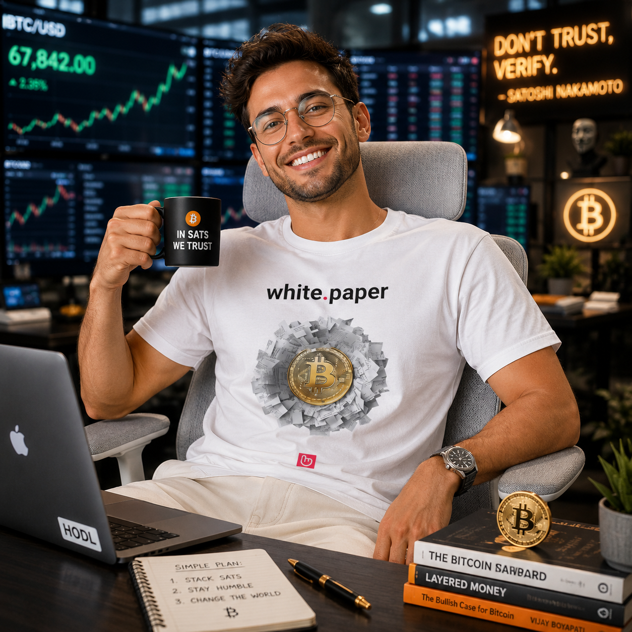 Confident crypto trader in a white white.paper nano.narrative tee holding an “IN SATS WE TRUST” mug in a modern Bitcoin-themed trading setup with softly blurred BTC charts, Satoshi Nakamoto decor, and a light gray office chair.